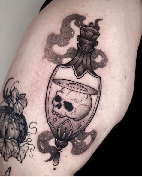 Gothic Potion Bottle Tattoo, Vial Of Poison Tattoo, Ghost In A Bottle Tattoo, Witch Bottle Tattoo, Halloween Book Tattoo, Poison Vial Tattoo, Old Book Tattoo, Aquatofana Tattoo, Vile Tattoo