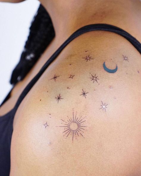 Dainty Sun Moon And Stars Tattoo, Whimsigothic Tattoo Ideas, Shoulder Tattoo Stars And Moon, Star And Constellation Tattoos, Sun Moon Star Shoulder Tattoo, Shoulder Sun Moon Tattoo, Star Cluster Tattoo Shoulder, Starry Shoulder Tattoo, Shoulder Tattoo Sun And Moon