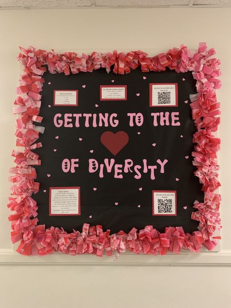 Equity Bulletin Board Ideas, February Bulletin Board Ideas College, Coquette Bulletin Board, Bhm Bulletin Board, Valentines Day Bulletin Board Ideas Ra, Valentines Day Boards, Valentines Ra Board, About Me Ra Bulletin Board, Student Center Bulletin Board