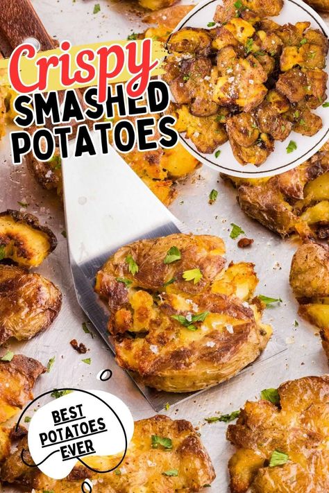 You’ll go crazy for these Crispy Smashed Potatoes! Crisp on the outside, creamy in the middle, packed with a delicious garlic herb flavor. The perfect side dish or snack! #sidedish #potatoe #crispy Smashed Potatoes Baked, Garlic Smashed Potatoes, Smashed Potatoes Recipe, Crispy Smashed Potatoes, Smashed Potatoes, Potato Recipe, Potato Skins, Food Dinner, Herb Butter