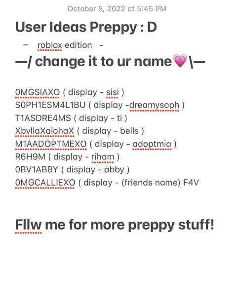 Cute Preppy Roblox Display Names, Preppy Roblox Usernames Ideas, Preppy Tiktok Usernames, Preppy Display Names Roblox Ideas, Display Name Ideas Roblox Girl, Preppy Roblox Names, Preppy Names For Tiktok, Preppy Roblox Display Names, Cute Display Names Roblox Ideas