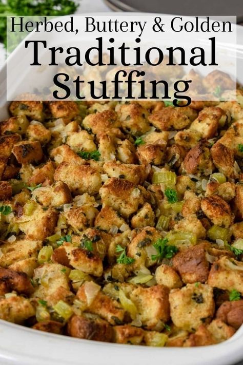 Traditional Bread Stuffing recipe that is absolutely amazing!! This will be your new go-to stuffing recipe for Thanksgiving and the Holidays! Traditional Stuffing Recipe, Homemade Stuffing Recipes, Classic Stuffing Recipe, Traditional Stuffing, Easy Stuffing Recipe, Dressing Recipes Thanksgiving, Bread Stuffing, Homemade Stuffing, Stuffing Recipes For Thanksgiving