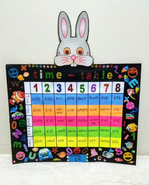 Time table chart designs  Creativity by Vasundhra Sharma Class Time Table Ideas, Performance Chart For Classroom, Tables Chart For Classroom, Time Table Ideas For Classroom, Time Table For Classroom, Time Table Design School Chart Aesthetic, Class Timetable Ideas Classroom Displays, Timetable Chart For Classroom, Time Table Decoration Ideas For School