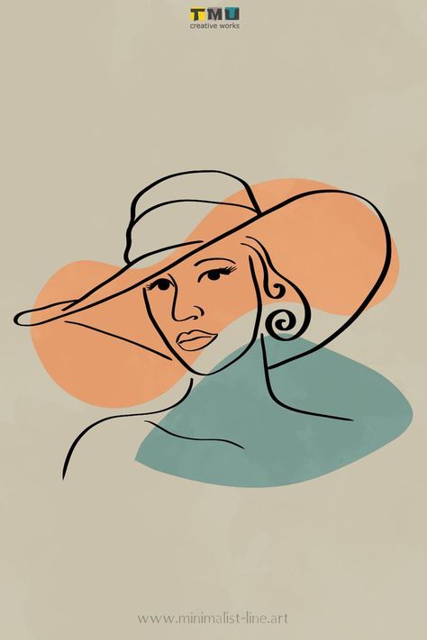 Minimalist line drawing of a female face with a hat, with two organic shapes in the background. Minimalist Line Drawing, Minimalist Portrait, Face Line Drawing, Simple Organic, Face Lines, Shapes And Colors, Cyan Blue, Abstract Portrait, Portrait Illustration