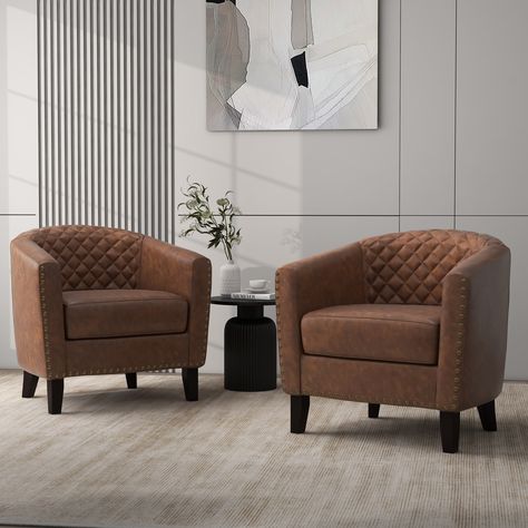 2 Set PU Leather Accent Barrel Chair - Bed Bath & Beyond - 37764858 Barrel Chairs, Sitting Rooms, Leather Club Chairs, Classic Living Room, Swivel Barrel Chair, Chair Bed, Arm Chairs Living Room, Single Sofa, Barrel Chair