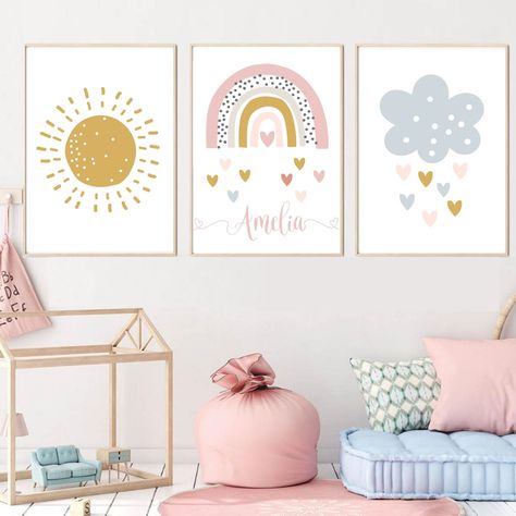 This adorable listing features a set of three watercolour personalised rainbow art prints which would be the perfect addition to a baby girl's nursery or to a girl's bedroom, or can simply make the perfect baby gift. Each print is printed on premium heavy 260gsm laser paper with a smooth finish using an HP laser printer and high-quality ink. Prints are water and fingerprint resistant. The Prints are available in either A5, A4 or A3  Sizes and will fit any standard A5, A4 or A3  frame or mount. A Rainbow Nursery Decor, Laser Paper, Nursery Artwork, Baby Posters, Rainbow Nursery, Girls Nursery, Rainbow Cloud, Nursery Colors