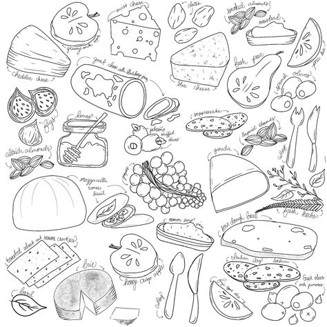 Charcuterie Line Drawing, Charcuterie Board Sketch, Charcuterie Board Illustration, Charcuterie Drawing, Charcuterie Board Drawing, Charcuterie Illustration, Board Illustration, Food Logos, Board Drawing