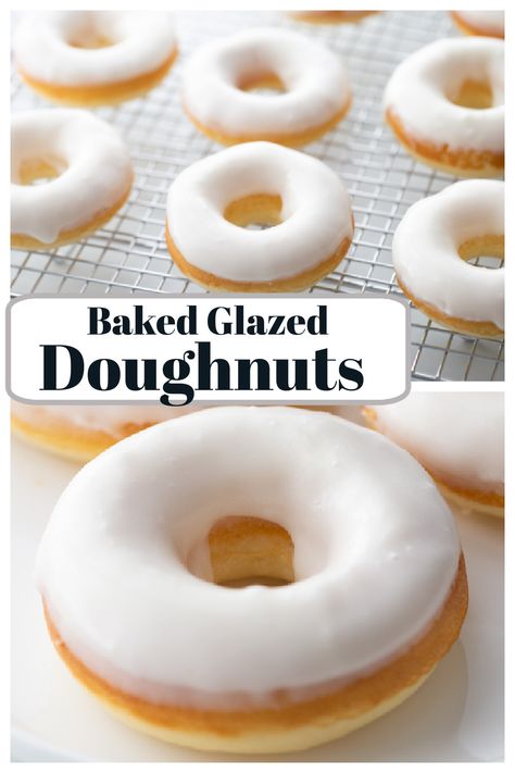 Baked Glazed Doughnuts recipe from RecipesForHolidays.com #baked #glazed #doughnuts #donuts #recipe #RecipesForHolidays Baked Donuts With Filling, Perfect Donuts Recipe, Glazed Baked Donut Recipes, Homemade Doughnut Recipe Baked, Thick Donut Glaze, Dunkin Donuts Donut Recipe, Donut Recipe Oven Baked, Mini Glazed Donut Recipe, Doughnut Recipe Easy Baked