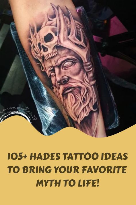 Delve into the underworld with Hades tattoo ideas, where myth meets mystery. These designs are perfect for those captivated by the allure of Greek mythology and the enigmatic ruler of the afterlife. #HadesTattoo #GreekMythInk #MysticalTattoos Greek God Hades Tattoo, Hades Underworld Tattoo, Hades Tattoo Mythology, Hades And Cerberus Tattoo, Hades Tattoo Ideas, Hades Tattoo Design Greek Mythology, Hades Tattoo Design, Hades Symbol, Ryan Tattoo