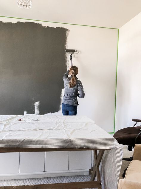 Gray Accent Wall Dining Room, Sw Urbane Bronze, Masculine Home, Masculine Home Office, Urbane Bronze, Girly Office, Dark Accent Walls, Grey Accent Wall, Black Accent Walls