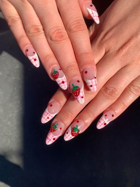 French tip nails rhinestones Short Almond Nails Strawberry, Strawberry Pearl Nails, Valentines Day Nails French Tip Almond, Strawberry Gel X Nails, Frog And Strawberry Nails, Pink And Red Strawberry Nails, Strawberry Nails Stiletto, French Tip With Strawberries Nails, Strawberry Picnic Nails