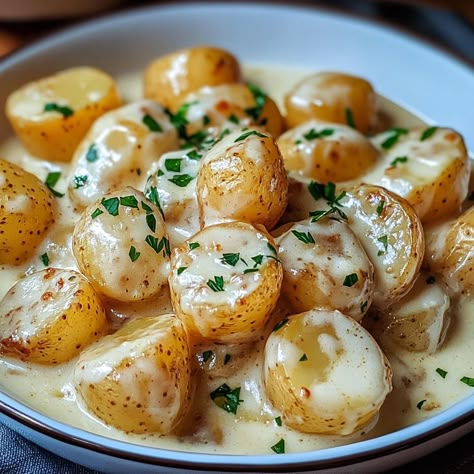 Creatives Cookery - Creamy Garlic Potatoes, Baked Baby Potatoes, Baby Potato Recipes, Onion Grilled Cheese, Best Cooking Oil, Creamy Garlic Sauce, Garlic Potatoes, Potato Sides, Creamy Potato