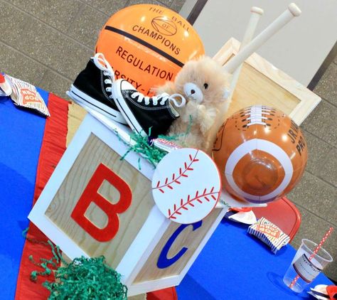 Welcoming Little All-Star KJ | CatchMyParty.com All Star Theme Party, Sport Theme Baby Shower Ideas, All Star Baby Shower Ideas Boys, Sports Theme Baby Shower Ideas, Sports Baby Shower Theme For Boys, Sports Themed Baby Shower Ideas, Sports Baby Shower Decorations, Sports Themed Centerpieces, Baby Shower Sports