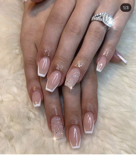 Champagne Gel Manicure, Gel Overlay Nails Natural Short French Tip, Short Acrylics With Rhinestones, Birthday Nails Coffin Spring, Wedding Nails For Bride Black Women, Short Square Wedding Nails, Wedding Coffin Nails, February Gel Nail Colors, Elegant Nails Classy French Tips