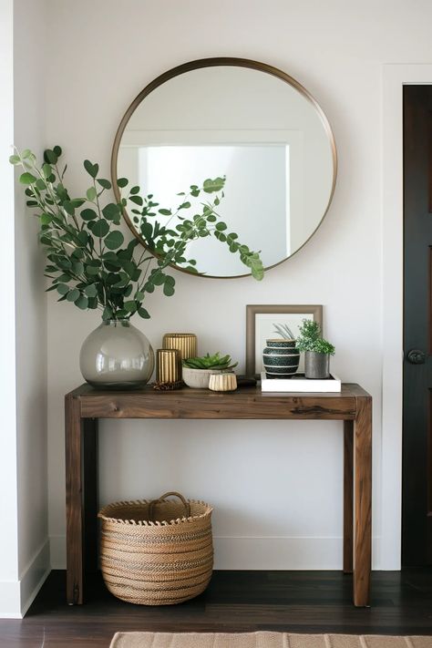 House Entry Table Ideas, Front Entry Inspiration, Modern Townhome Decor, Entryway For Apartment, Modern Farmhouse Small Entryway, Small Entry Table With Mirror, Entryway Console Decor Ideas, Small Entrance Console Table, Entry Niche Decor