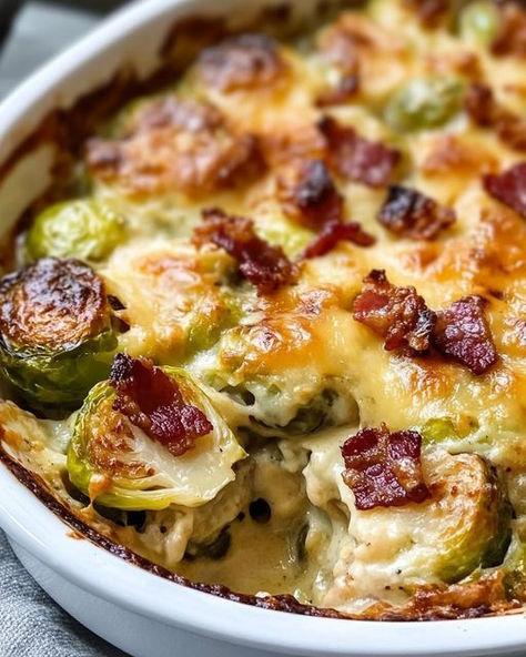 Cheesy Brussel Sprouts, Creamy Brussel Sprouts, Cheesy Brussels Sprouts, Brussel Sprout Casserole, Brussels Sprouts Gratin, Bacon Brussel Sprouts, Sprouts With Bacon, Holiday Side Dishes, Crumbled Bacon