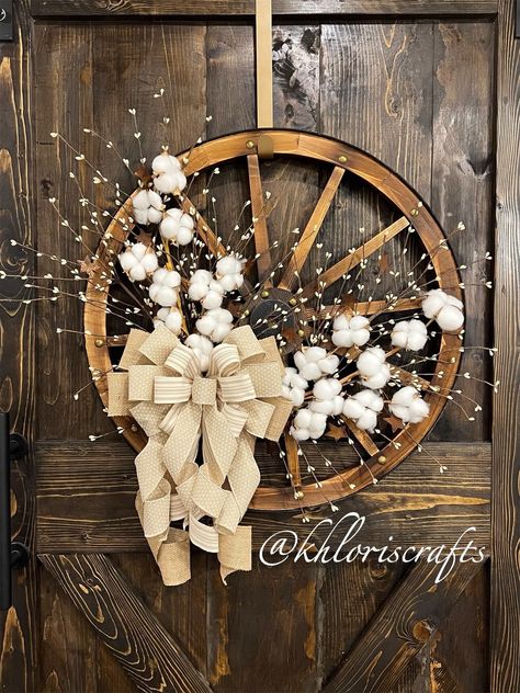 Wagon Wheel Wreath, Wagon Wheel Decor, Wooden Wagon Wheels, Wheel Wreath, Fall Leaf Decor, Christmas Wreath Bows, Cotton Decor, Pumpkin Door Hanger, Wheel Decor