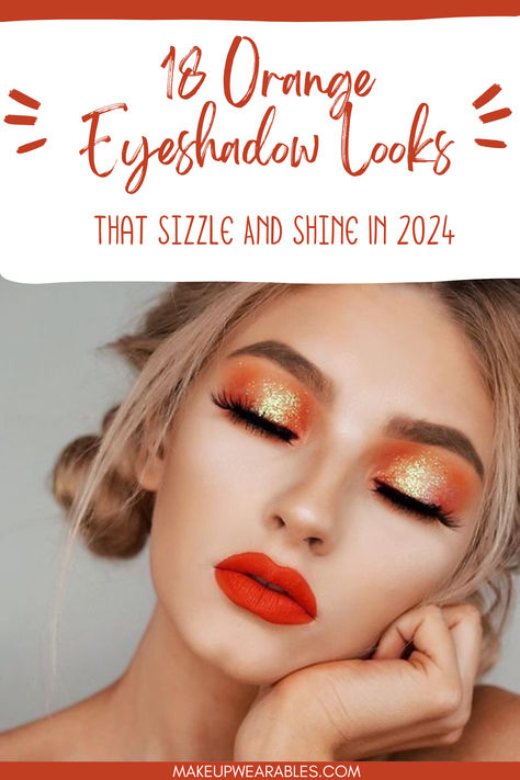 Orange Eyeshadow Looks Eye Makeup For Orange Hair, Orange Yellow Eyeshadow Looks, Cute Orange Makeup Looks, Orange Eyeshadow Makeup Looks, Halloween Orange Makeup, Orange Makeup Looks Halloween, Make Up For Orange Outfits, Autumnal Makeup Looks, Orange And Black Makeup Looks