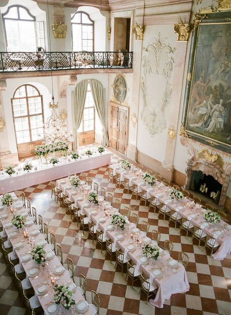 Elegant wedding reception in a castle. Austrian Wedding, Wedding Table Layouts, Long Table Wedding, Reception Layout, Wedding Cake Tops, Elegant Wedding Reception, Reception Seating, Tables And Chairs, Martha Stewart Weddings