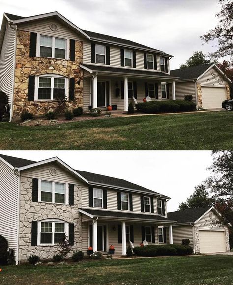 We actually gasped when we saw this intense exterior home transformation by Missouri PRO applicator, @carlybergs of @hhpainthouse in St.… Lime Wash House, Grey Lime Wash, Walnut Ideas, Romabio Limewash, Painted Brick Exteriors, Stone Porches, Stone Exterior Houses, Workout Room Home, Home Transformation