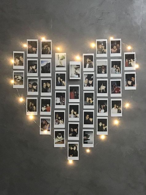 Room Decoration With Photos, Instax Heart Wall, 6x4 Photo Wall Display, Cute Ways To Put Pictures On Your Wall, Heart Polaroid Wall, Polaroid Heart Wall, Polaroids On Wall, Polaroid Room Decor, Photo Wall Collage Bedroom Inspiration