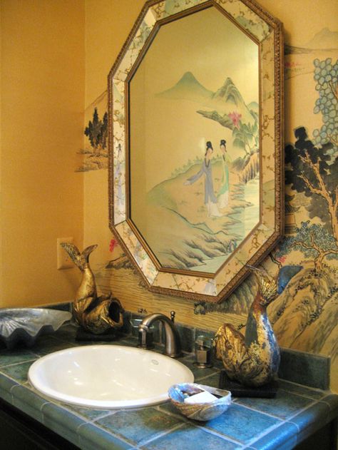 Asian Bathroom, Asian Inspired Decor, Geometric Mirror, Chinese Interior, Stencil Printing, Hand Painted Wallpaper, Asian Homes, Silk Wallpaper, Asian Home Decor