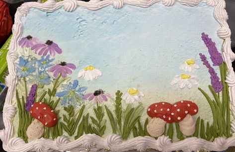 Fairy Birthday Sheet Cake, Mushroom Sheet Cake, Spring Sheet Cake Ideas, Animal Sheet Cake, Fairy Sheet Cake, Cute Sheet Cakes, Wildflower Sheet Cake, Garden Sheet Cake, Spring Sheet Cake