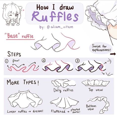 How To Draw Folds In Skirts, How To Draw Skirts Ruffles, Wrinkle Reference Drawing, Ruffle Art Reference, Ruffle Dress Drawing Reference, How To Draw A Ruffled Skirt, Skirt Ruffles Drawing Tutorial, How To Draw Props, Skirt Wrinkles Reference