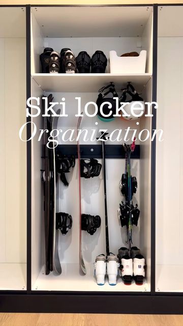 Ski Closet Organization, Ski Organization Storage Ideas, Ski Locker Organization, Mudroom Ski Storage, Sport Gear Storage, Snowboard Organization, Snowboard Storage Ideas, Ski Organization, Ski Closet