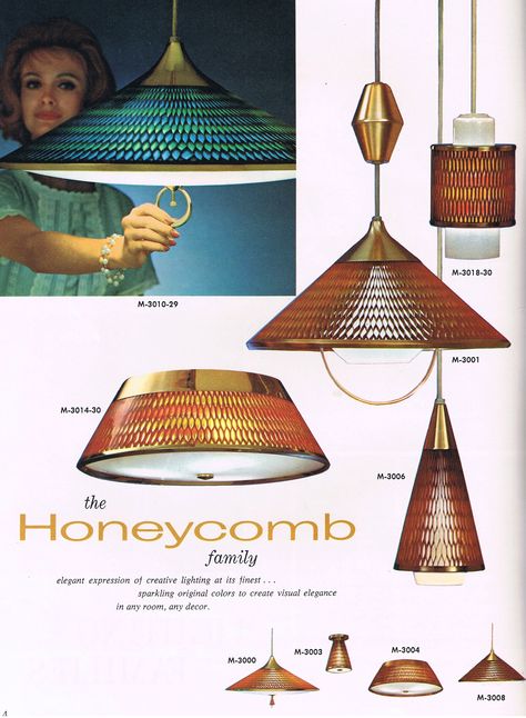 The Honeycomb Family From MOE | 1963 | MORE on http://www.pinterest.com/forwardlook/googie-mid-century-populuxe-atomic-etc/ Midcentury Lighting, Mid Century Modern Ceiling Light, Swag Lamps, Vintage Mid Century Lamps, Mid Century Light, Mid Century Interior, Paul Mccobb, Mid Century Living, Vintage Light Fixtures