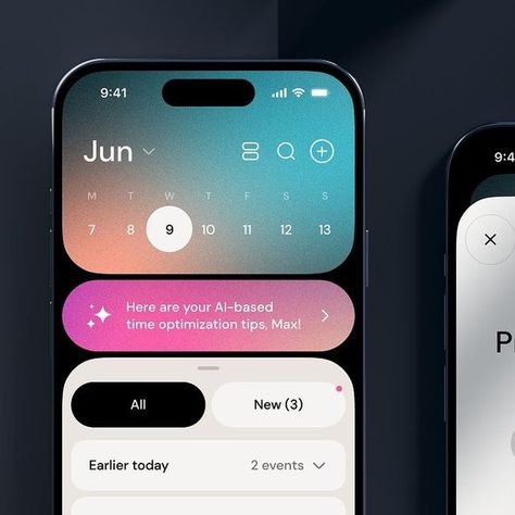 Orizon Design UI UX Web on Instagram: "Shoutout to @maxdesign.os 👏 for this sleek AI Calendar app 🗓️✨. Beautiful gradient backgrounds with a crisp layout help this calendar app stand out 🌈📅. Let us know what you think in the comments! 👇 #AICalendar #AppDesign #CalendarApp #UserExperience #SleekDesign #TechInnovation" Notes App Design, Gradient App Design, Gradient Ui Design, Simple App Design, Calendar App Design, Calendar Ui Design, Calender Ui, Ios App Design Inspiration, Ios App Logo
