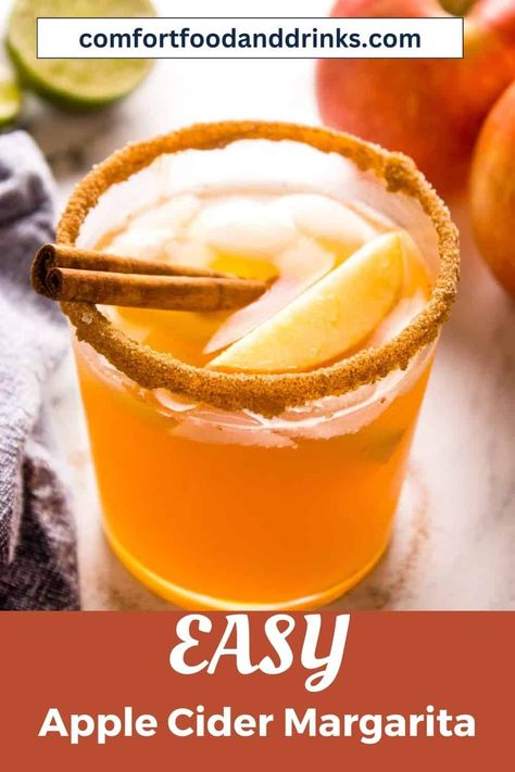 This Apple Cider Margarita is a delicious fall cocktail with apple cider, tequila, orange liqueur, lime juice, and cinnamon sugar rim. This drink is tasty and enchanting! Apple Cider Margarita Recipe, Cider Alcohol Drinks, Apple Cider Margarita, Cider Alcohol, Cider Margarita, Cinnamon Sugar Rim, Apple Cider Syrup, Fall Cocktail, Orange Liqueur