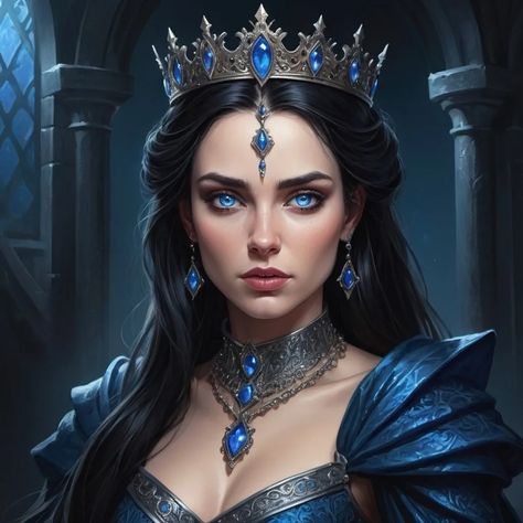 Inspiration vibing Queen Prya of Erldan Piercing Blue Eyes, Dark Blue Hair, Blue Queen, Black Hair Blue Eyes, Fantasy Princess, Queen Art, Dramatic Lighting, Art Dark, Fantasy Illustration