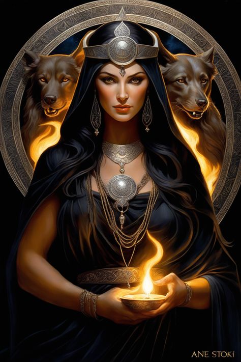 Greek Goddess Art, Hecate Goddess, Fire Goddess, Female Artwork, Fantasy Witch, Gothic Fantasy Art, Greek Mythology Art, Mythology Art, Tarot Art