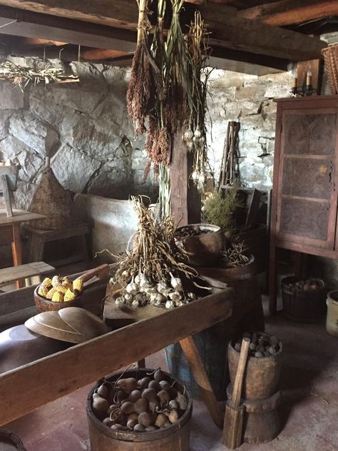 Old fashioned food storage: hanging herbs, enclosed pantry shelving, open-air bucket storage for root foods. Food Storage Ideas, Hanging Herbs, Farmhouse Style Bedrooms, Root Cellar, Kitchen Sink Design, Storage Hanging, Dry Food Storage, Pantry Shelving, New Countertops