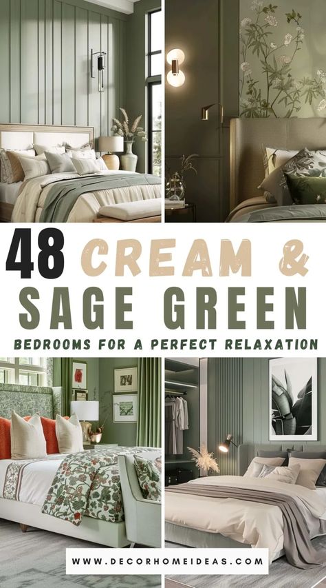 Discover 48 serene sage green and cream bedroom color combinations to transform your space into a haven of relaxation. Find inspiration for your perfect calming retreat and learn how to blend these soothing hues for a tranquil ambiance. Sage Green And Cream Bedroom, Green And Cream Bedroom, Grey Green Bedrooms, Sage Green Bedroom Ideas, Light Green Bedrooms, Sage Bedroom, Cream Bedroom, Green Bedroom Walls, Sage Green And Cream