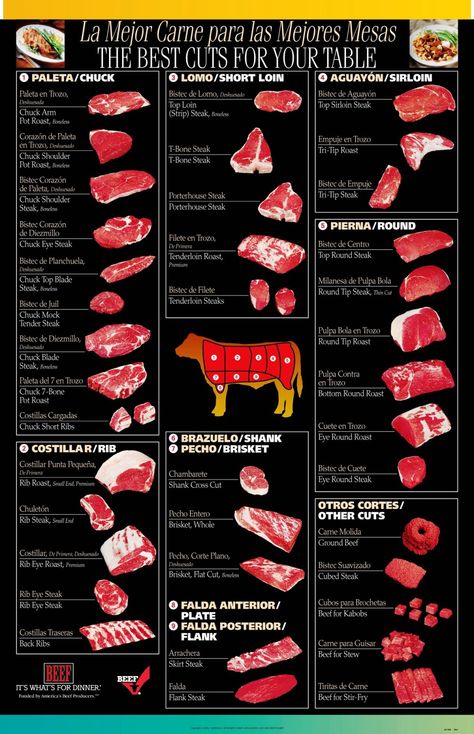 Beef cuts in Spanish Sommer Mad, Resep Diet, Food Charts, Cooking Guide, Beef Cuts, Food Info, Grass Fed Beef, Food Facts, Beef Dishes