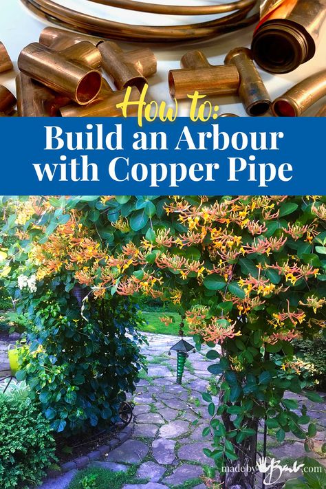 Copper Pipe Art, Metal Garden Arbor, Backyard Builds, Copper Trellis, Arbor Garden, Poolside Garden, Copper Garden, Attic Ideas, Copper Rod