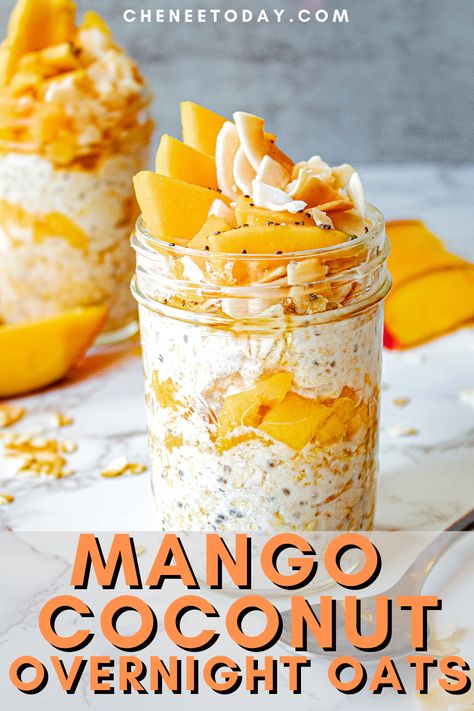 Vegan Breakfast On The Go, Mango Overnight Oats, Coconut Overnight Oats, Oats With Yogurt, Overnight Oats In A Jar, Overnight Oats With Yogurt, Best Overnight Oats Recipe, Jars Ideas, Vegan Overnight Oats