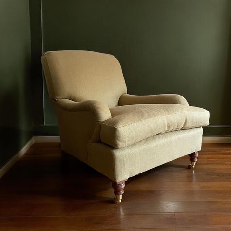 The Glen bespoke armchair by Noble. A deep seated beech frame on oak turned front legs with brass castors. Based on the Grafton by Howard and Sons. Traditionally upholstered using modern techniques where appropriate. #noble #nobletetbury #antiques #antiquedealersofinstagram #interiors #interiordesign #interiordesignersofinstagram #bespoke #bespokefurniture #nobleandthane #tetbury #shoplocal Luxurious Chair, Library Chair, Frame Making, Wine Table, Luxury Chairs, Bespoke Lighting, Victorian Design, Bespoke Furniture, Upholstered Furniture