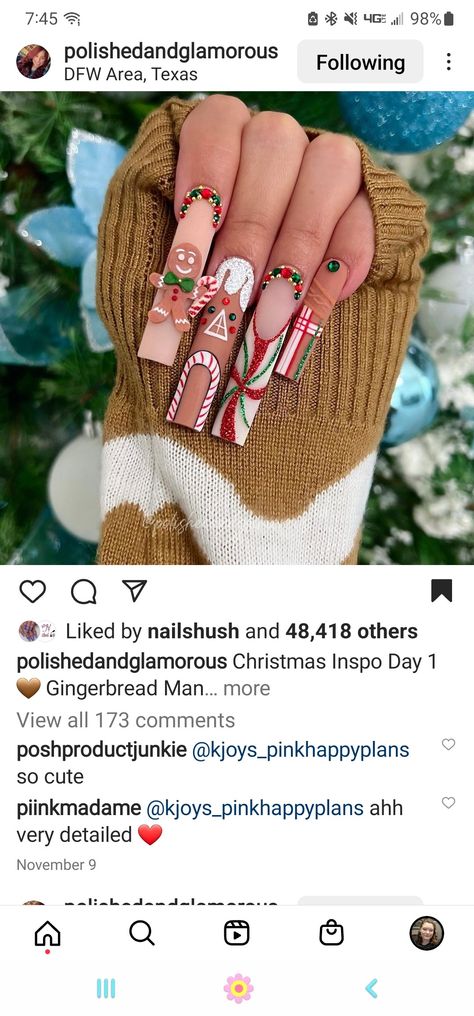 Gingerbread Man Nails, Man Nails, 3d Gingerbread, Candy Cane Nails, La Nails, Ginger Men, Christmas Inspo, Brown Nails, Xmas Nails