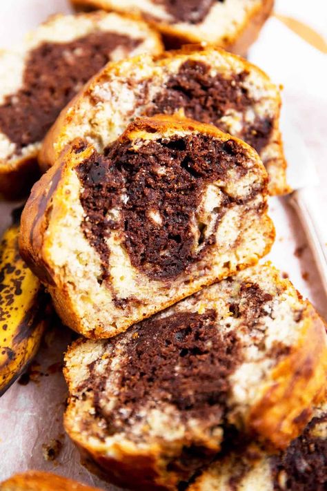 This Chocolate Marble Banana Bread recipe will wow your friends and family! It's quick and easy to prepare! Plus tips and tricks on creating the perfect swirl - you will never use another technique again! | #baking #bananabread #breakfast #bakingrecipe #easybaking #bananabreadrecipe Banana Marble Bread, Mary Berg Chocolate Swirl Banana Bread, Marble Banana Bread Recipe, Banana Bread Swirl, Chocolate Swirl Banana Bread, Chocolate Swirl Bread Recipe, Marble Bread Recipe, Marble Banana Bread, Mary Berry Desserts