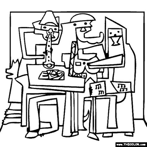 100% free coloring page of Pablo Picasso painting - Three Musicians. You be the master painter! Color this famous painting and many more! You can save your colored pictures, print them and send them to family and friends! Pablo Picasso Most Famous Painting, 3 Musicians Picasso Art Projects, Three Musicians Picasso, Picasso Musicians, Picasso Coloring Pages, Pablo Picasso Artwork, Three Musicians, Pablo Picasso Paintings, Colored Pictures