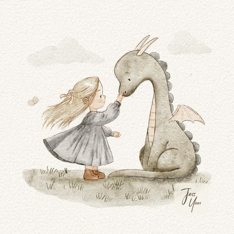 Embracing the magic: A girl and her dragon, lost in a moment of peaceful connection. My interpretation for #evelienmonti1k 🌟🐉 #FantasyMoments Thank you so much @evelienmonti for the magical inspiration and congrats on 1K! 👏 . . . . . #kidsroomillustration #kidsdesign #childhoodmagic #whimsicalillustration #handdrawn #sketch #childrensillustration #fantasyillustrator #magicaldrawings #dreamyart #imaginativeart #whimsywonderland #charmingillustrations #nurserydecor #artistsoninstagram Dragon Art Illustration, Fairy Cute Drawing, Watercolor Kids Illustration, Fairy Illustration Art, Dragon Illustration Cute, Children Book Illustration Watercolor, Magical Inspiration, Baby Dragon Art, Draw A Dragon