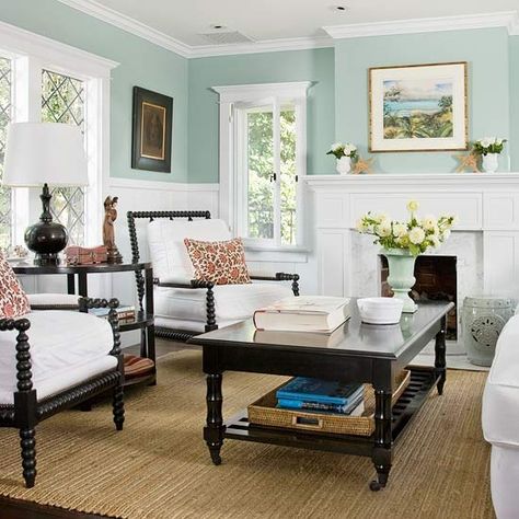 This mint color is surprisingly nice. I love the contrast of white moldings with black furniture, too. White Wainscoting, Dream Items, Bright Rooms, Design Del Prodotto, Traditional Living Room, Front Room, A Living Room, Room Colors, Living Room Inspiration