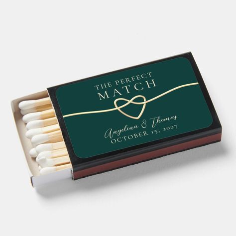 Simple, minimalist, modern, elegant emerald green personalized wedding favor matchboxes with romantic gold rope heart. The Perfect Match! Forest Green Wedding Favors, Dark Green Wedding Details, Champagne Gold And Emerald Green Wedding, Green And Brass Wedding, Forest Green Wedding Invitations, Emerald Green Wedding Theme Decor, Green And Gold Wedding Decor, Emerald And Gold Wedding Theme, Forest Green And Gold Wedding