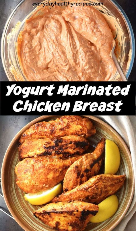 Top down view of chicken pieces in yogurt marinade in bowl and cooked yogurt chicken breast pieces with lemon wedges in brown bowl. Greek Yogurt Chicken Marinade Air Fryer, Easy Greek Yogurt Chicken Marinade, Yogurt Marinated Chicken Breast, Yogurt Marinade For Chicken, Indian Chicken Marinade, Cubed Chicken Breast Recipes, Chicken Marinade Yogurt, Yogurt Chicken Marinade, Marinated Chicken Breast Recipes