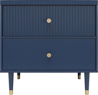 Nightstand Navy, Navy Nightstand, Blue Bedside Tables, Blue Nightstands, Industrial Art Deco, Blue Drawers, Navy Blue Bedrooms, Painted Night Stands, Gold Drawer Pulls