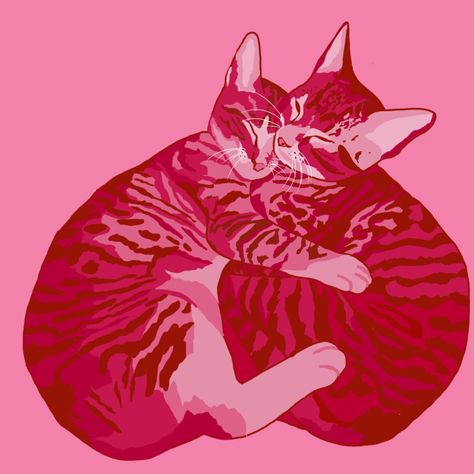 Red And Pink Poster Prints, Pink Cat Painting, Valentines Cat Drawing, Red Cat Drawing, Pink Cat Drawing, Pink And Red Background, Halloween Kitties, Alex Core, Cat Hugging