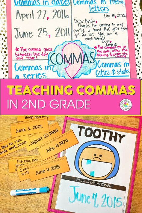 Teaching 2nd grade students the rules for commas in written language can be tricky. There are lots of comma rules to remember! Read this blog post for easy to use tips, hacks, and can't live without resources for helping elementary aged kids understand the various comma rules in the English language. Commas In A Series, Elementary Reading Comprehension, Teaching 2nd Grade, Comma Rules, Friendly Letter Writing, Reading Foundational Skills, Fourth Grade Writing, Tactile Activities, Linking Verbs